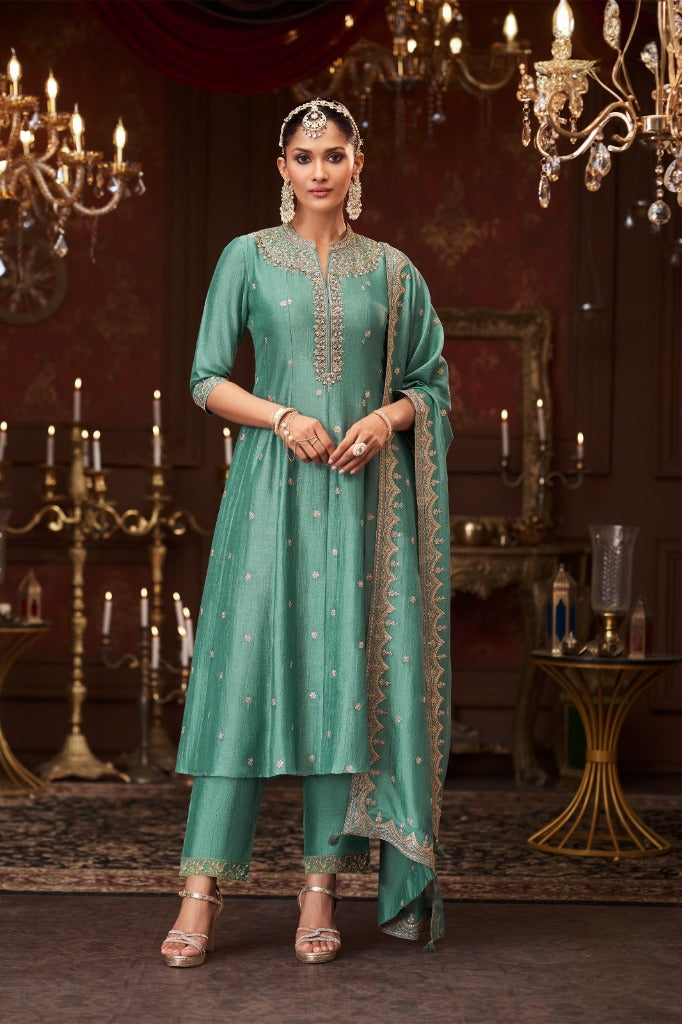 Sea Green Silk Short Anarkali Suit - Mokshaa