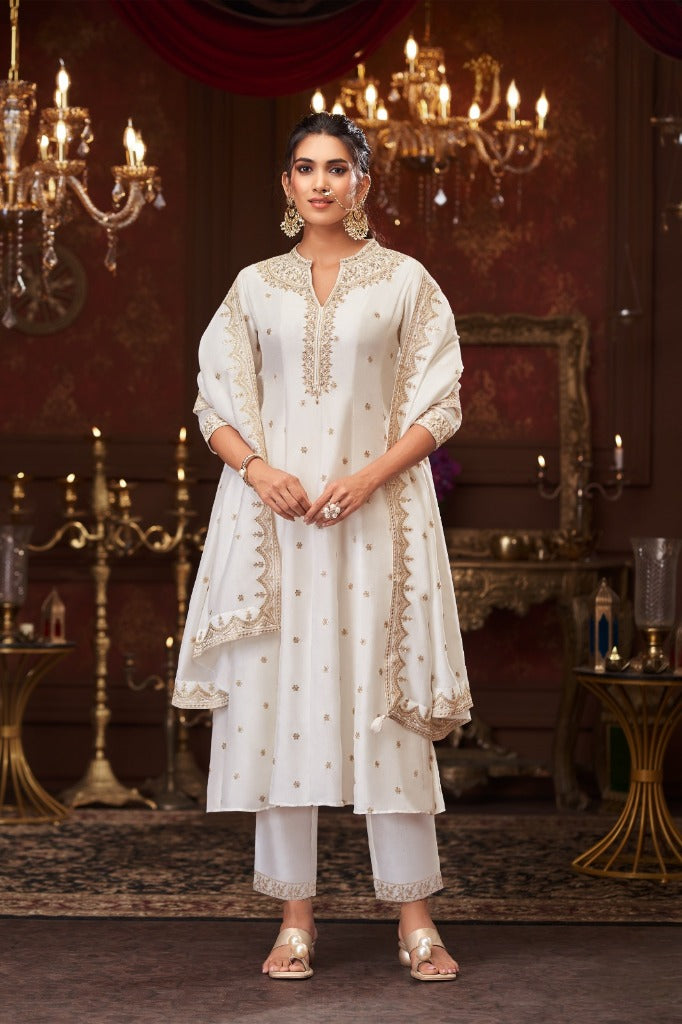 Ivory Silk Short Anarkali Set with Gold Embroidery - Mokshaa