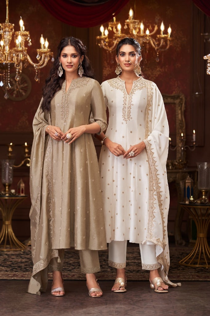 Beige Silk Short Anarkali Set with Gold Embroidery - Mokshaa