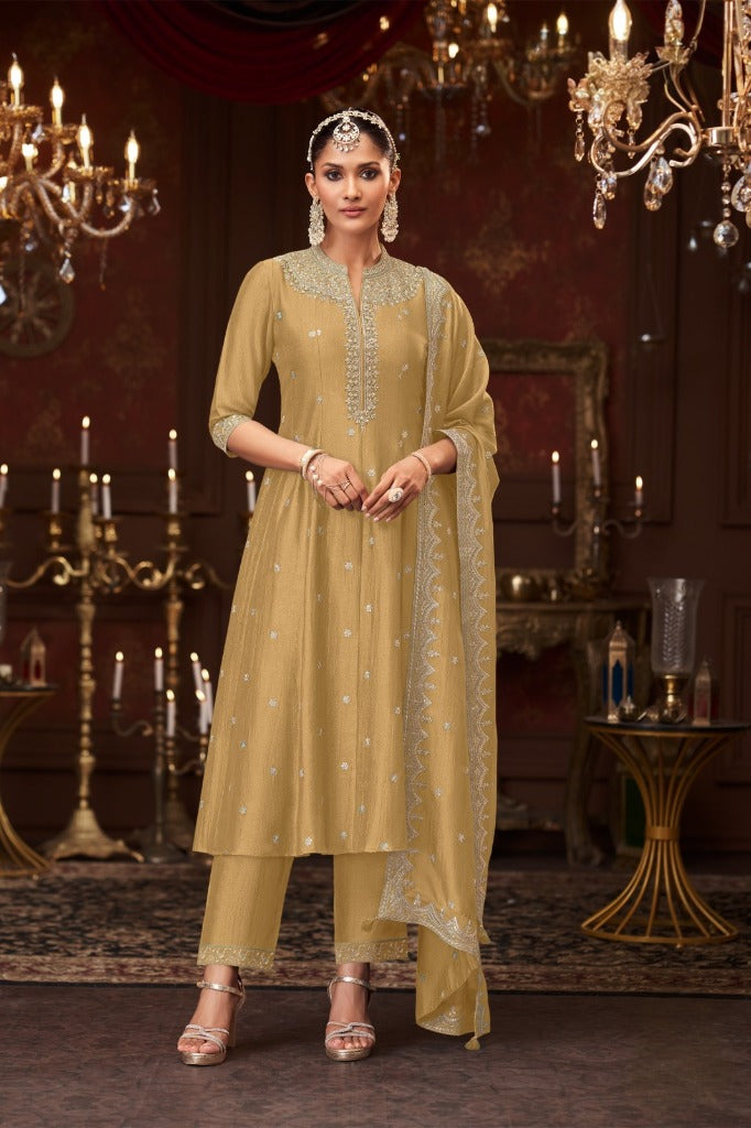 Gold Silk Short Anarkali Set - Mokshaa
