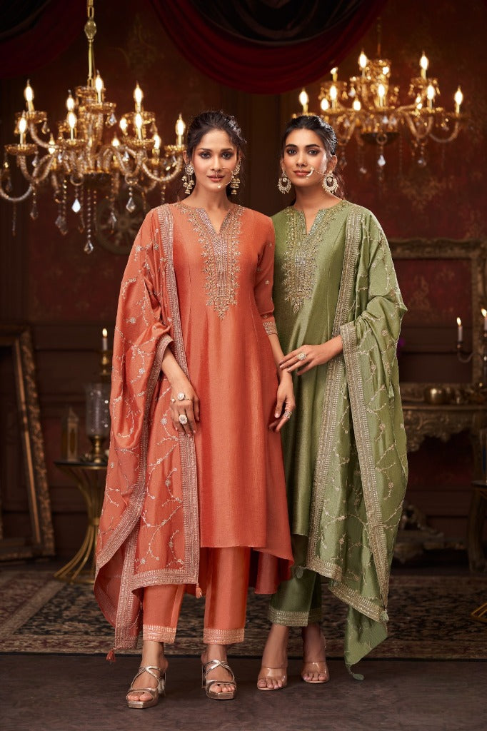 Olive Green Silk Short Anarkali Set with Embroidered Dupatta - Mokshaa