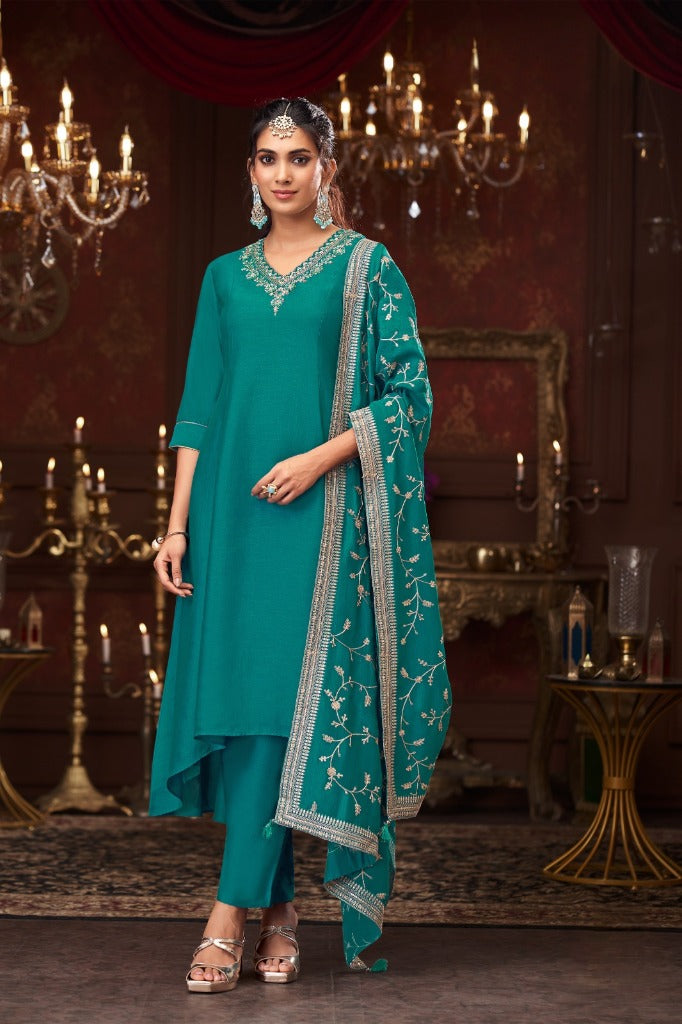 Teal Silk Short Anarkali Set with Embroidered Dupatta - Mokshaa