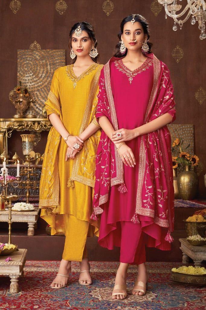 Mustard Yellow Silk Short Anarkali Set with Dupatta - Mokshaa