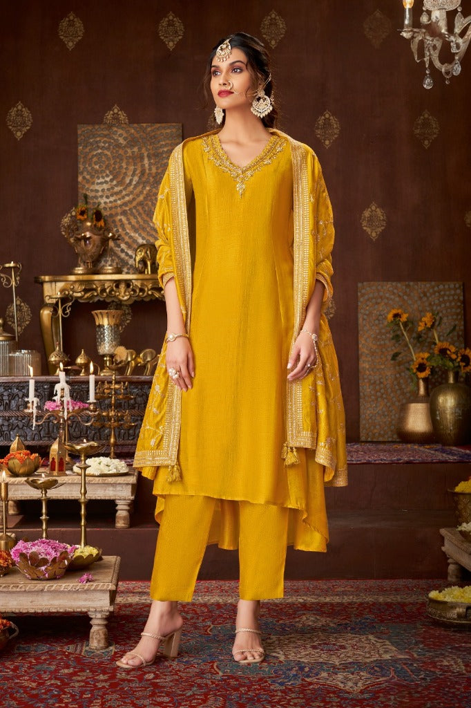 Mustard Yellow Silk Short Anarkali Set with Dupatta - Mokshaa