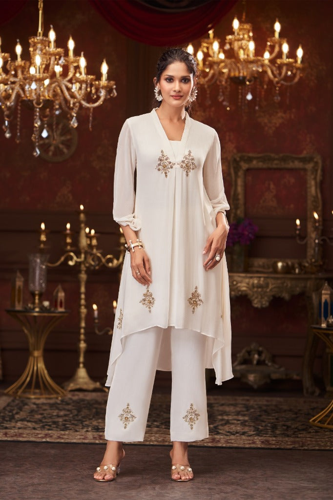 Ivory Asymmetrical Kurta Set With Embellished Palazzo - Mokshaa