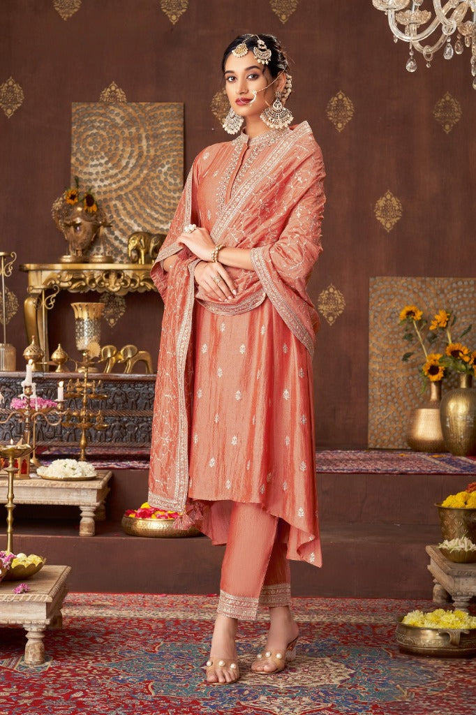 Peach Silk Short Anarkali Set with Embroidered Dupatta - Mokshaa