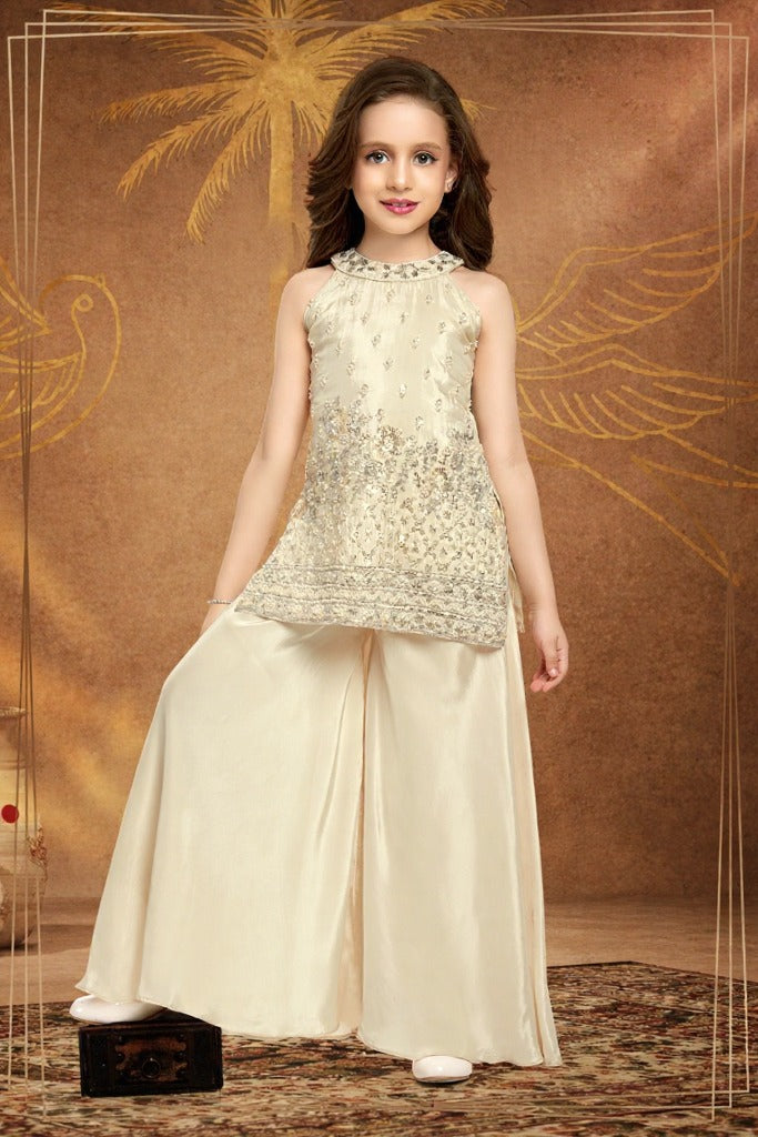 Gold Crepe Silk Mirror Work Chanderi Palazzo Set for Kids