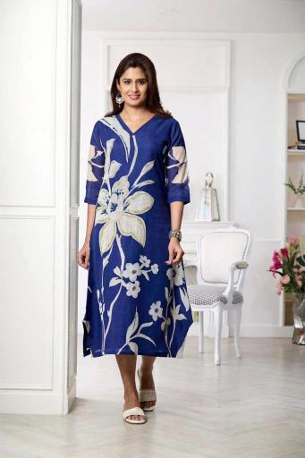 Blue & White Floral Printed Cotton Dress