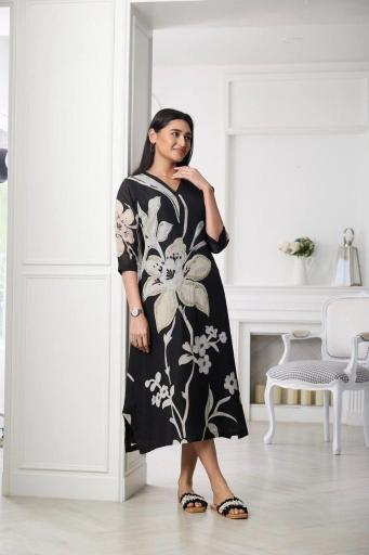 Black & Ivory Floral Printed Cotton Dress