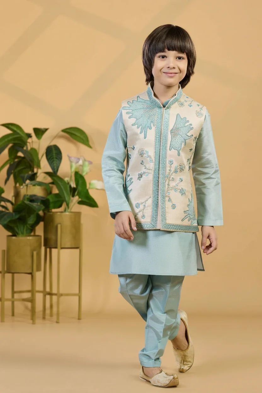 Powder Blue Kurta Set with Embroidered Ivory Jacket - Mokshaa