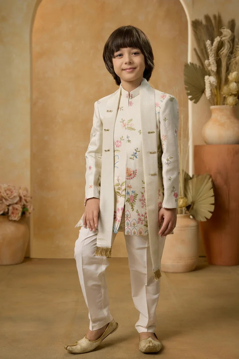 Ivory Embroidered Sherwani Set for Boys - Mokshaa