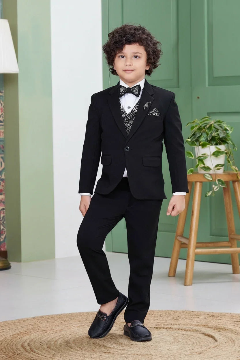 Boys Premium Black Tuxedo Suit Set with Printed Waistcoat and Bow Tie - Mokshaa