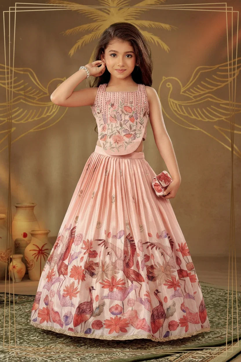 Blush Pink Embroidered Peplum Top & Printed Lehenga Set - Mokshaa