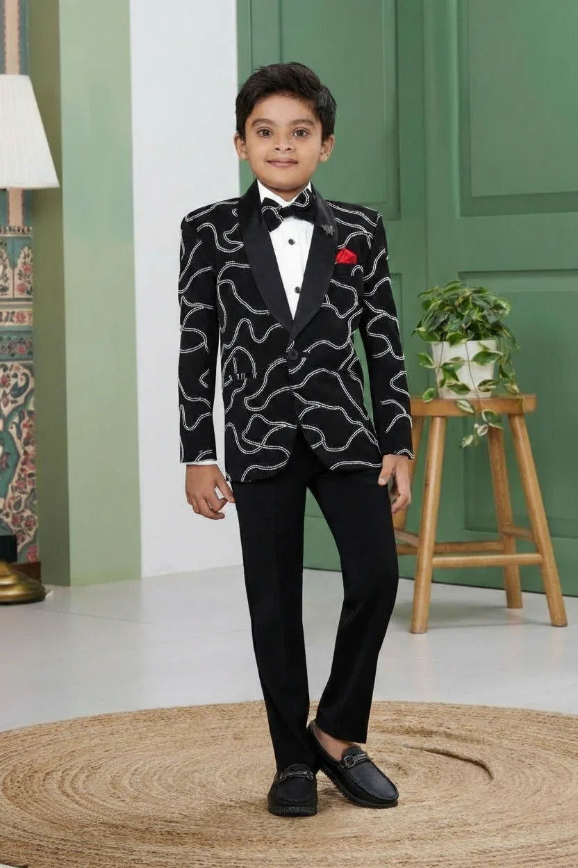 Boys Black Blazer Suit Set with Abstract Embroidery and Red Pocket Square - Mokshaa