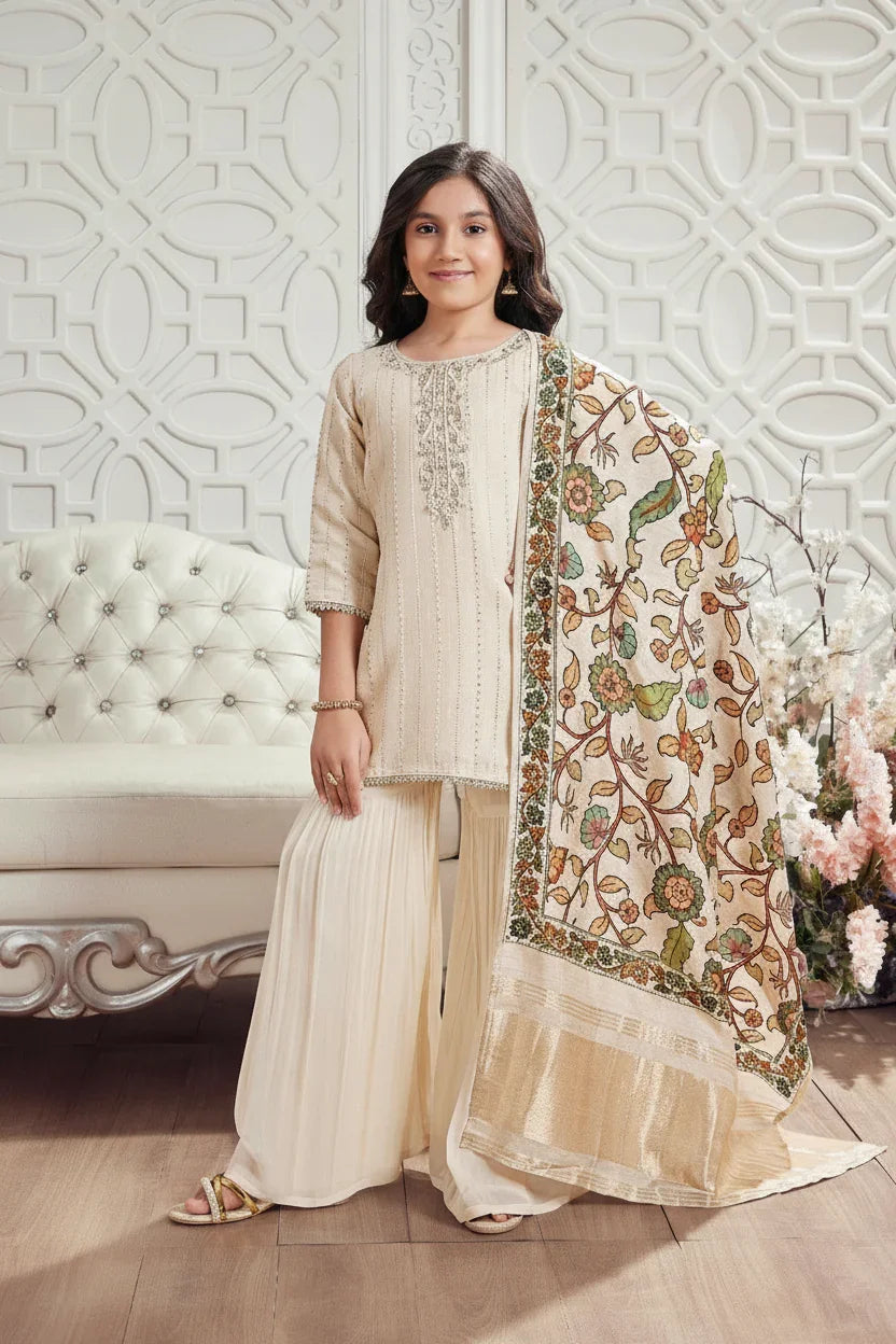 Cream Embroidered Kurta with Palazzo & Printed Dupatta - Mokshaa