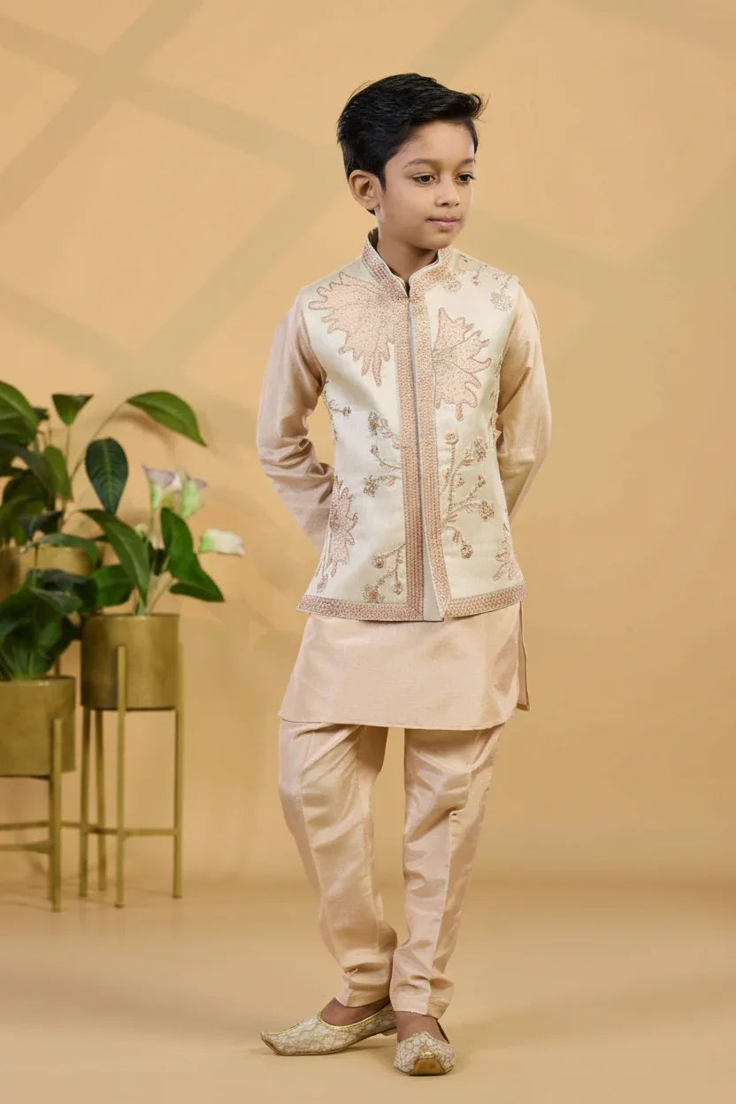 Peach Kurta Set with Embroidered Ivory Jacket - Mokshaa