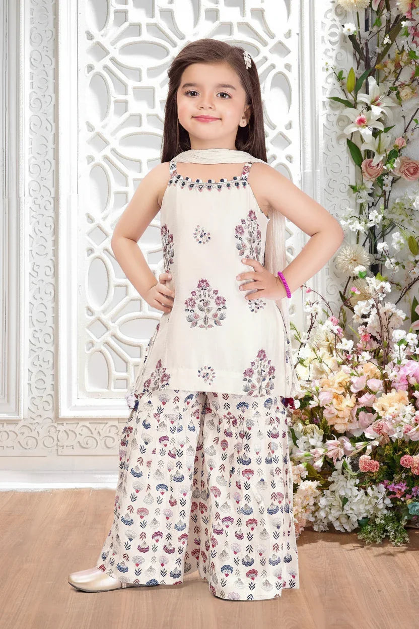 Girls White Floral Print Palazzo Set - Mokshaa