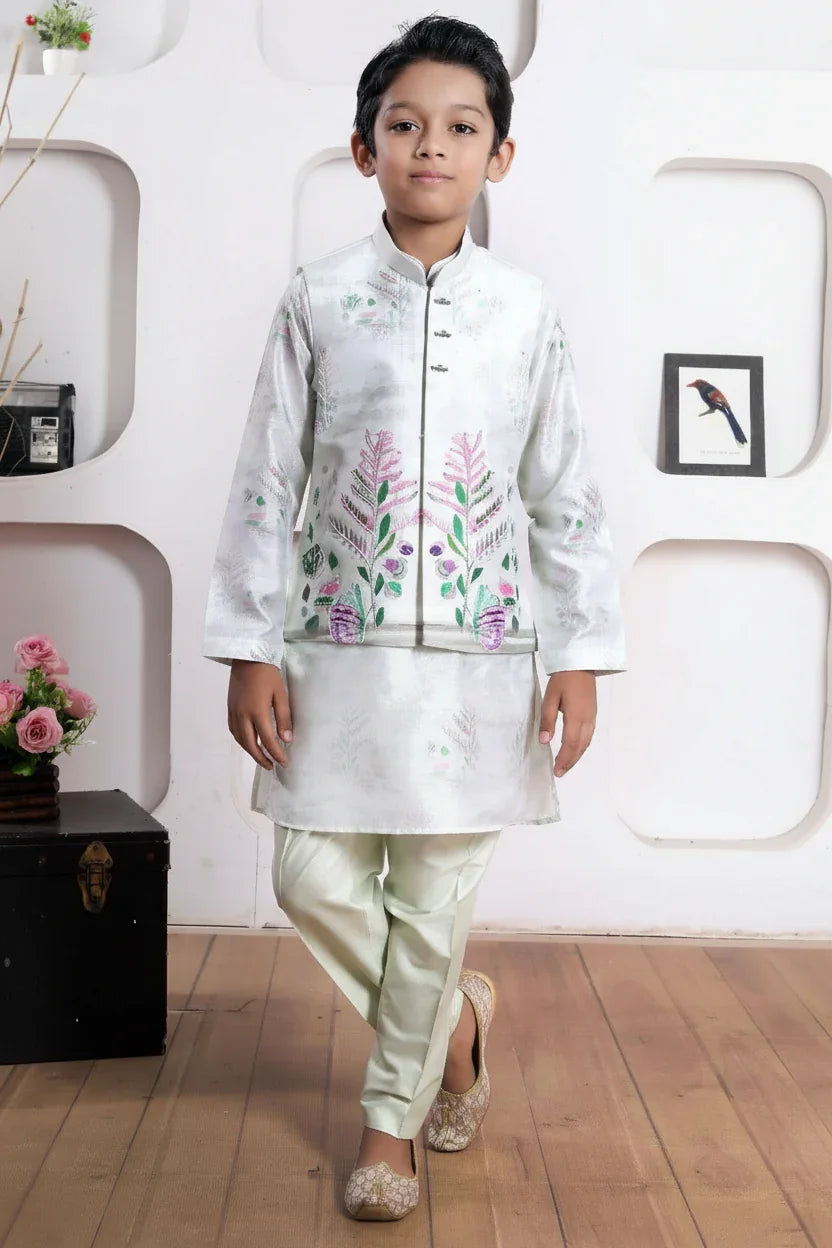 Mint Green Kurta Set with Pastel Embroidered Jacket - Mokshaa