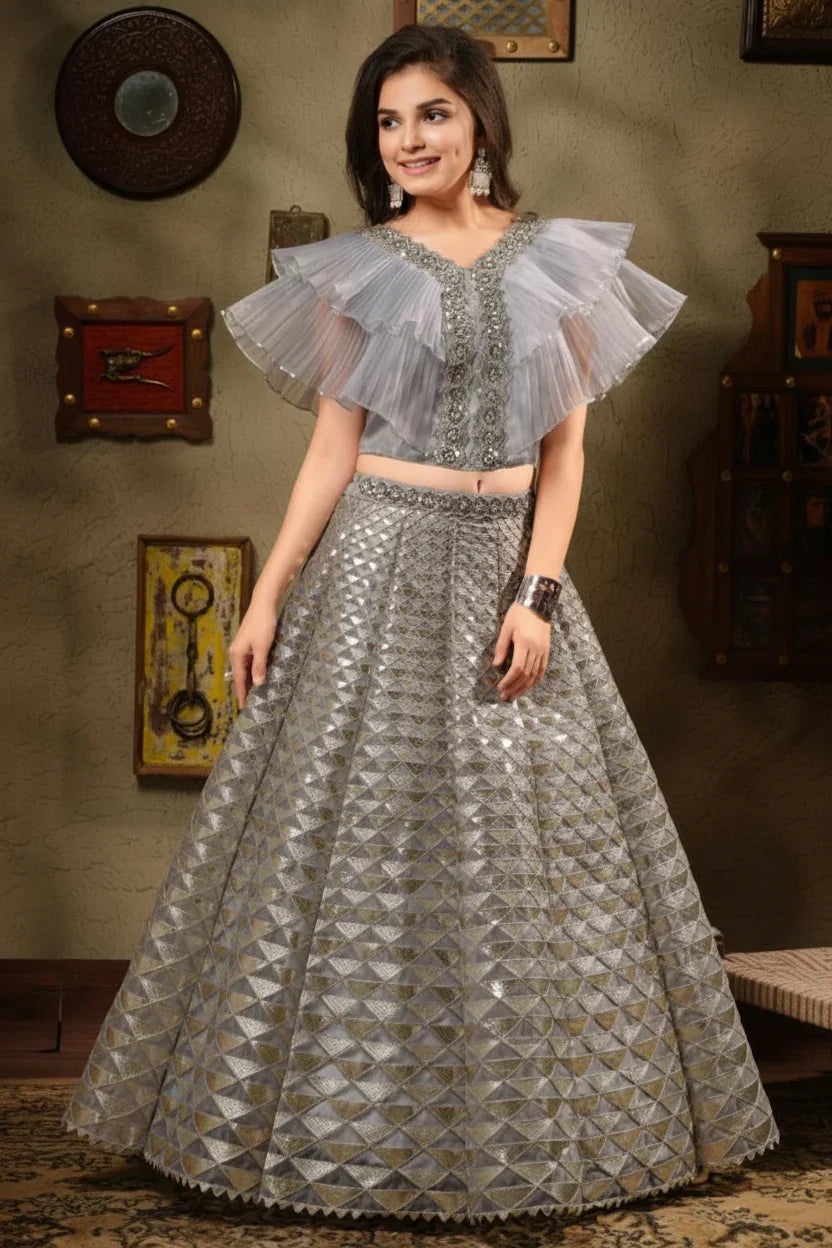 Powder Blue Embroidered Lehenga Set for Girls - Mokshaa