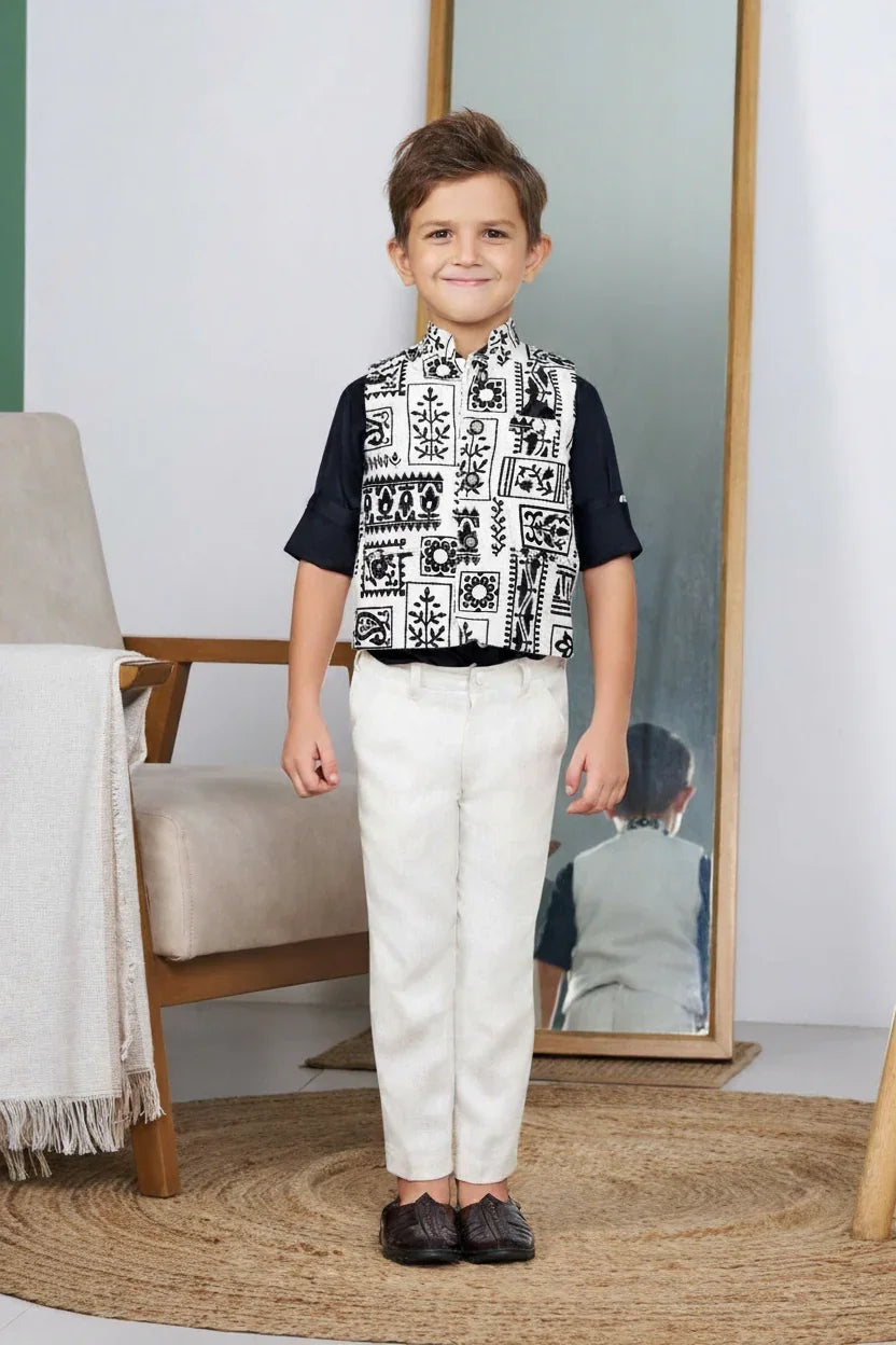 Monochrome Printed Bandi Set for Boys - Mokshaa