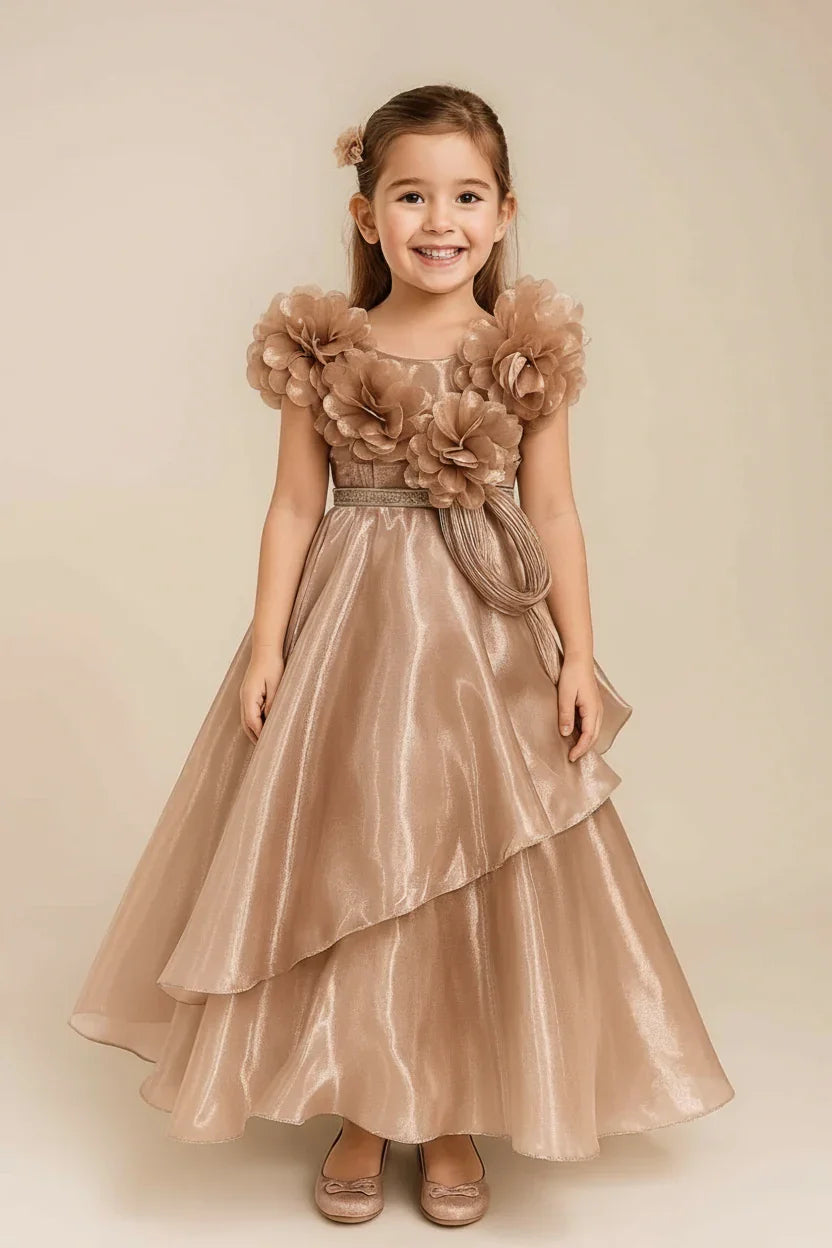 Chocolate Brown Layered Gown with 3D Floral Shoulder Detailing - Mokshaa