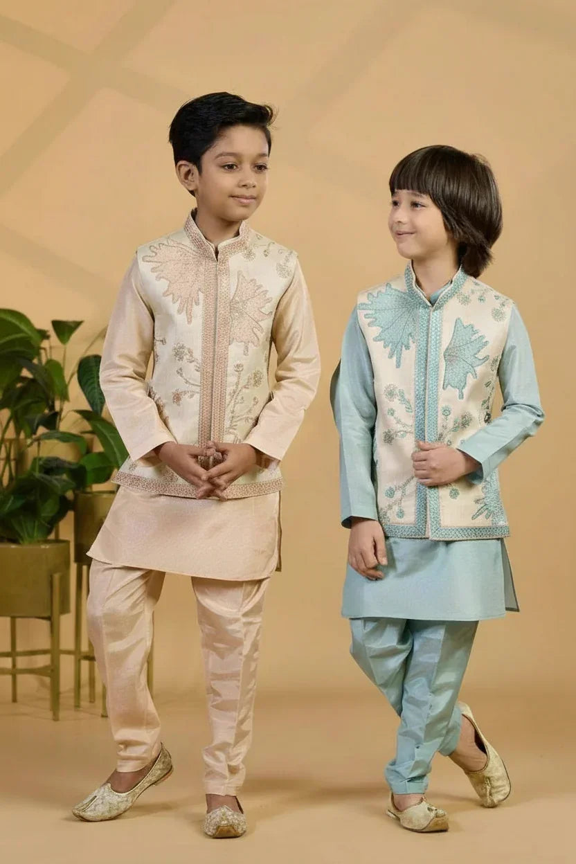 Peach Kurta Set with Embroidered Ivory Jacket - Mokshaa