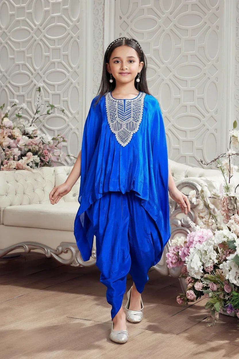Royal Blue Embroidered Cape Top with Dhoti Pants - Mokshaa