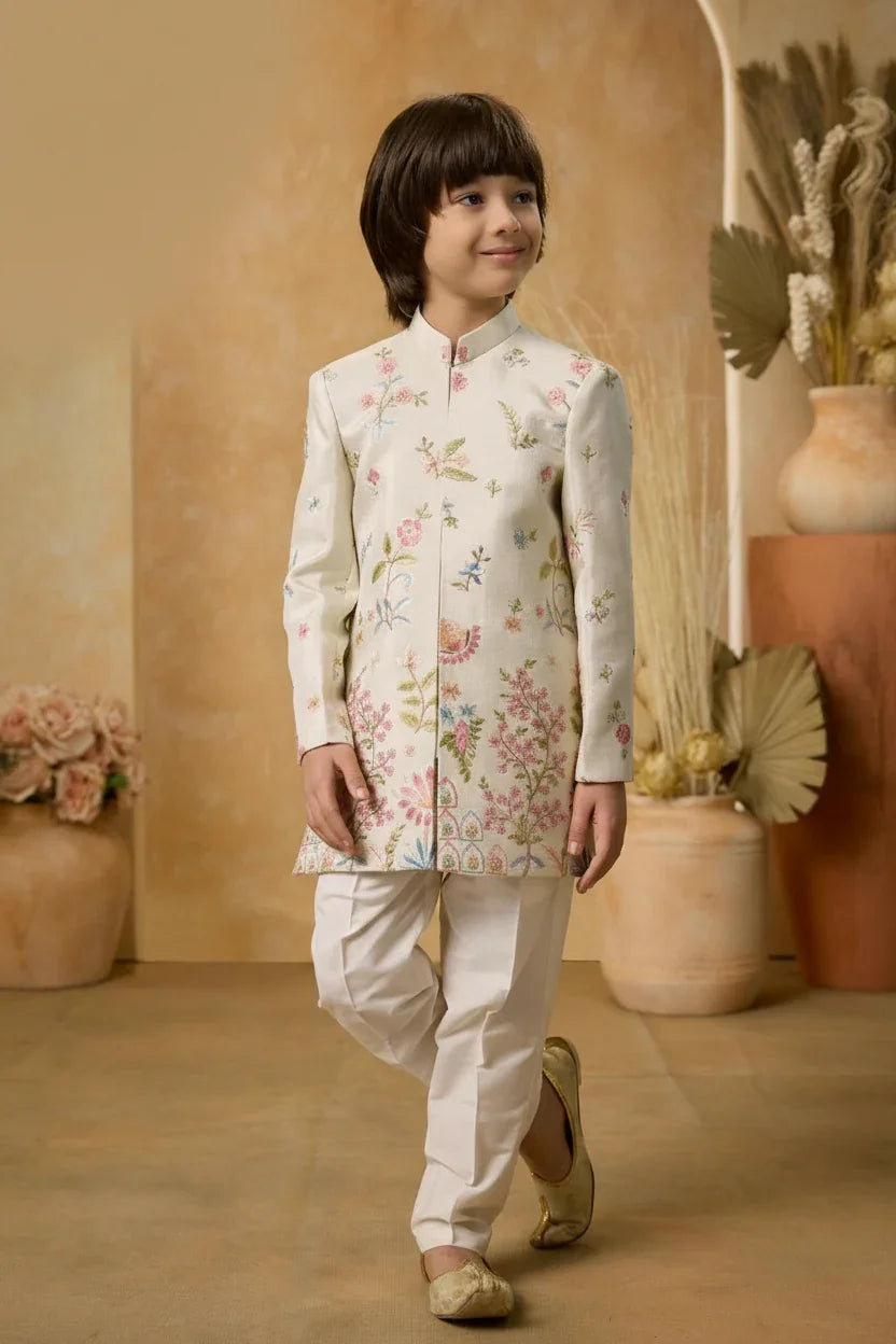Ivory Embroidered Sherwani Set for Boys - Mokshaa