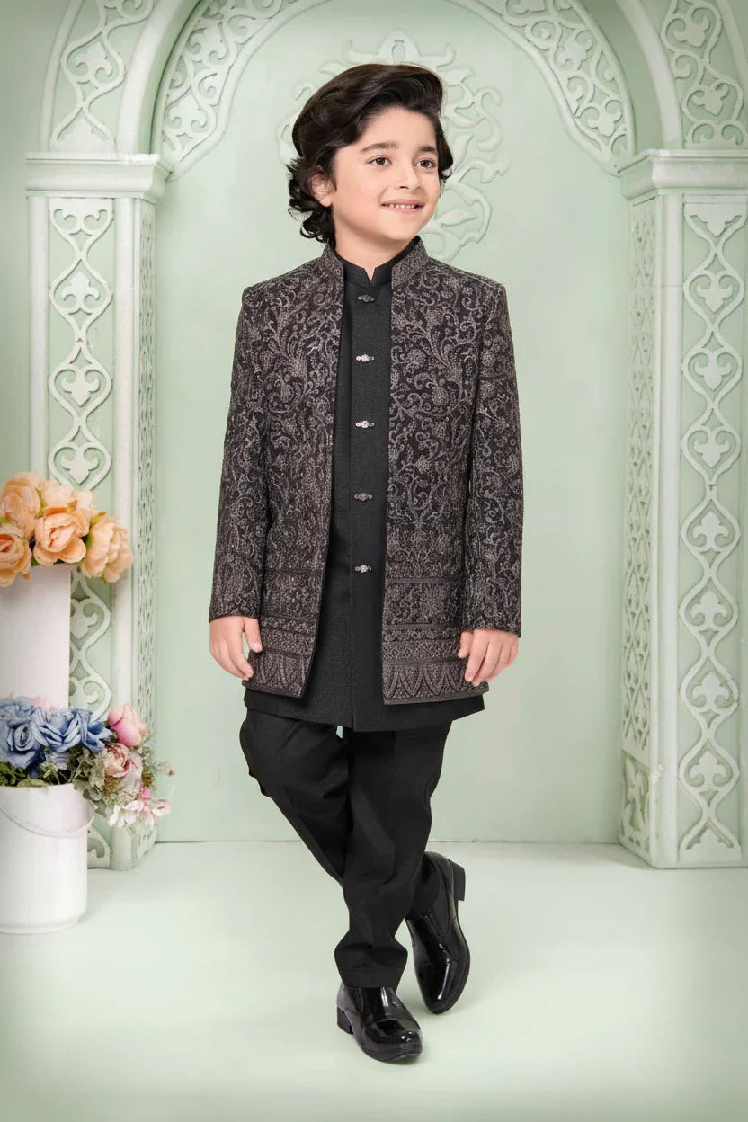 Black Jacquard Sherwani Set for Boys - Mokshaa