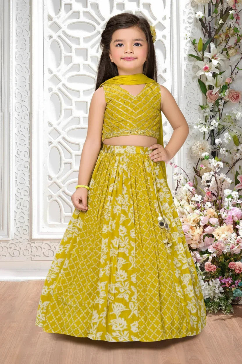 Lime Green Printed Lehenga with Embroidered Blouse - Mokshaa