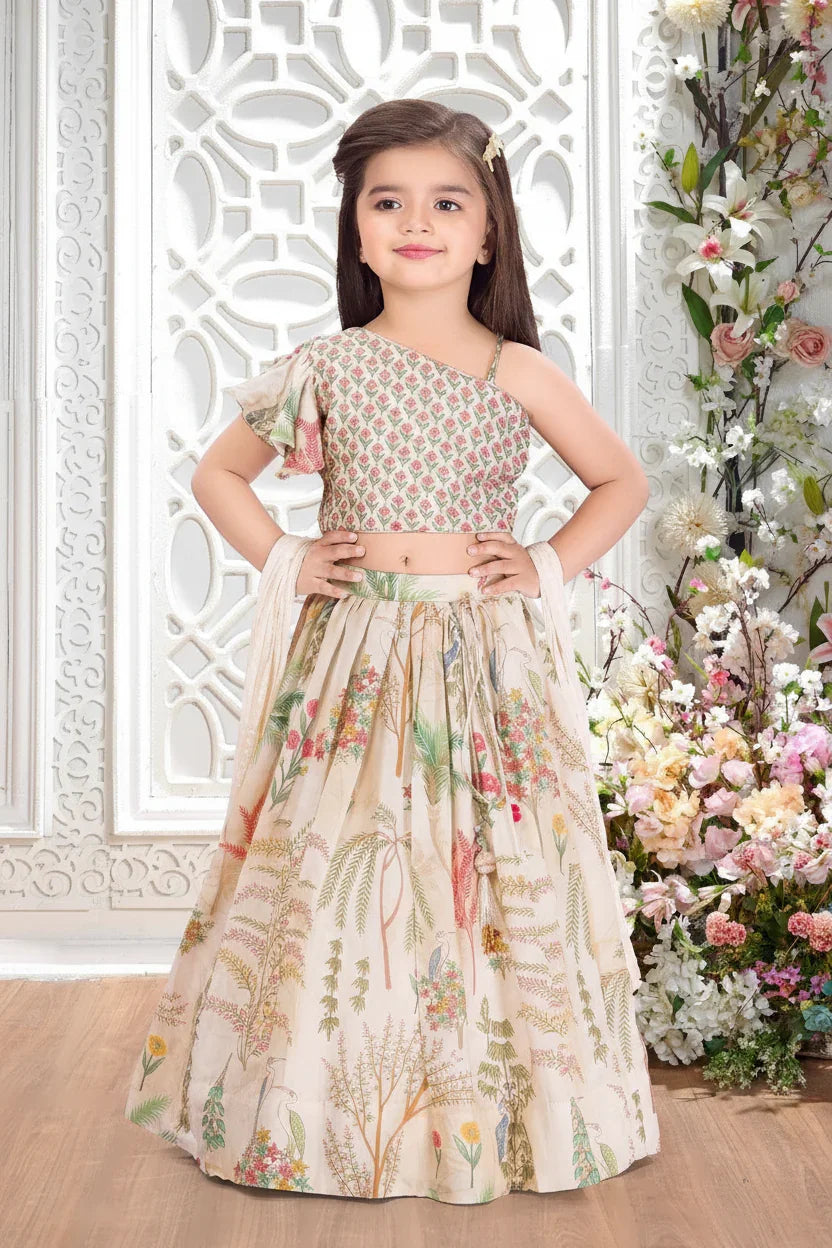 Cream Printed Lehenga Set for Girls - Mokshaa