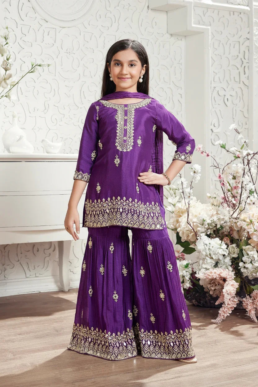 Purple Embroidered Kurta with Sharara Pants - Mokshaa