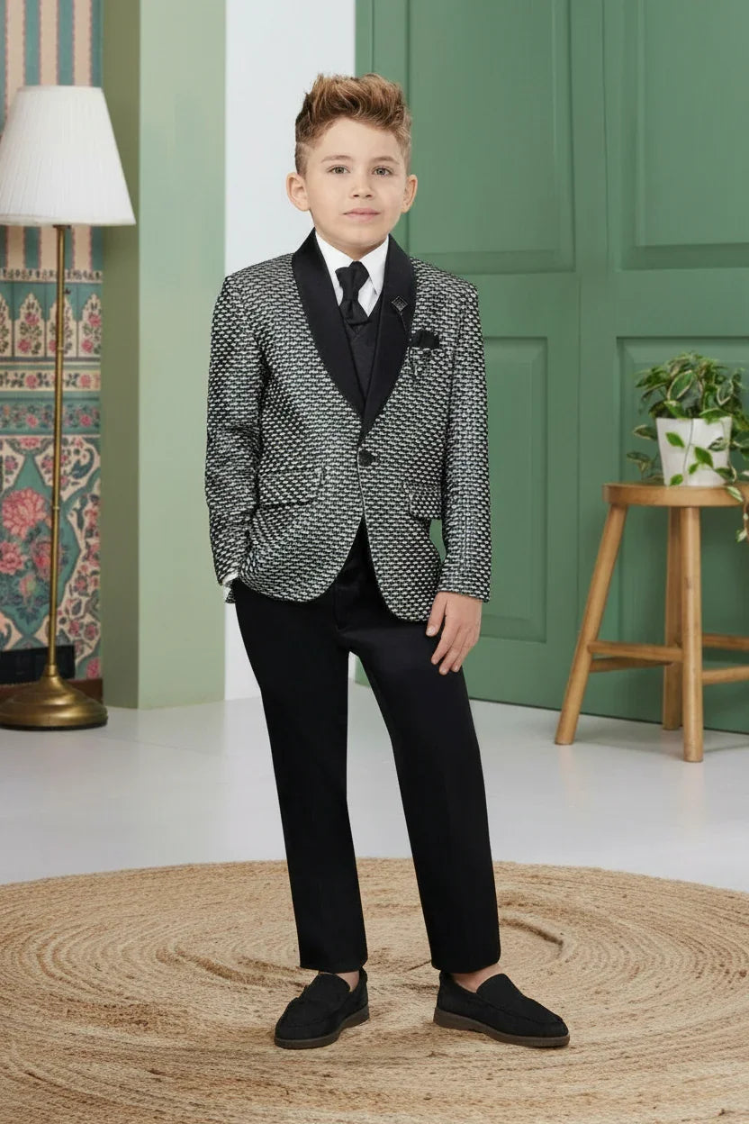 Black & Silver Textured Tuxedo Suit - Mokshaa