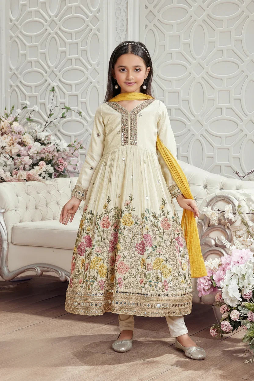 Girls Fawn Floral Embroidered Anarkali Set with Mirror Work - Mokshaa