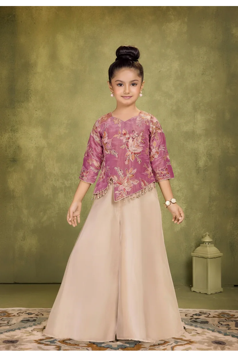 Pink Embroidered Peplum Top with Beige Palazzo Pants - Mokshaa