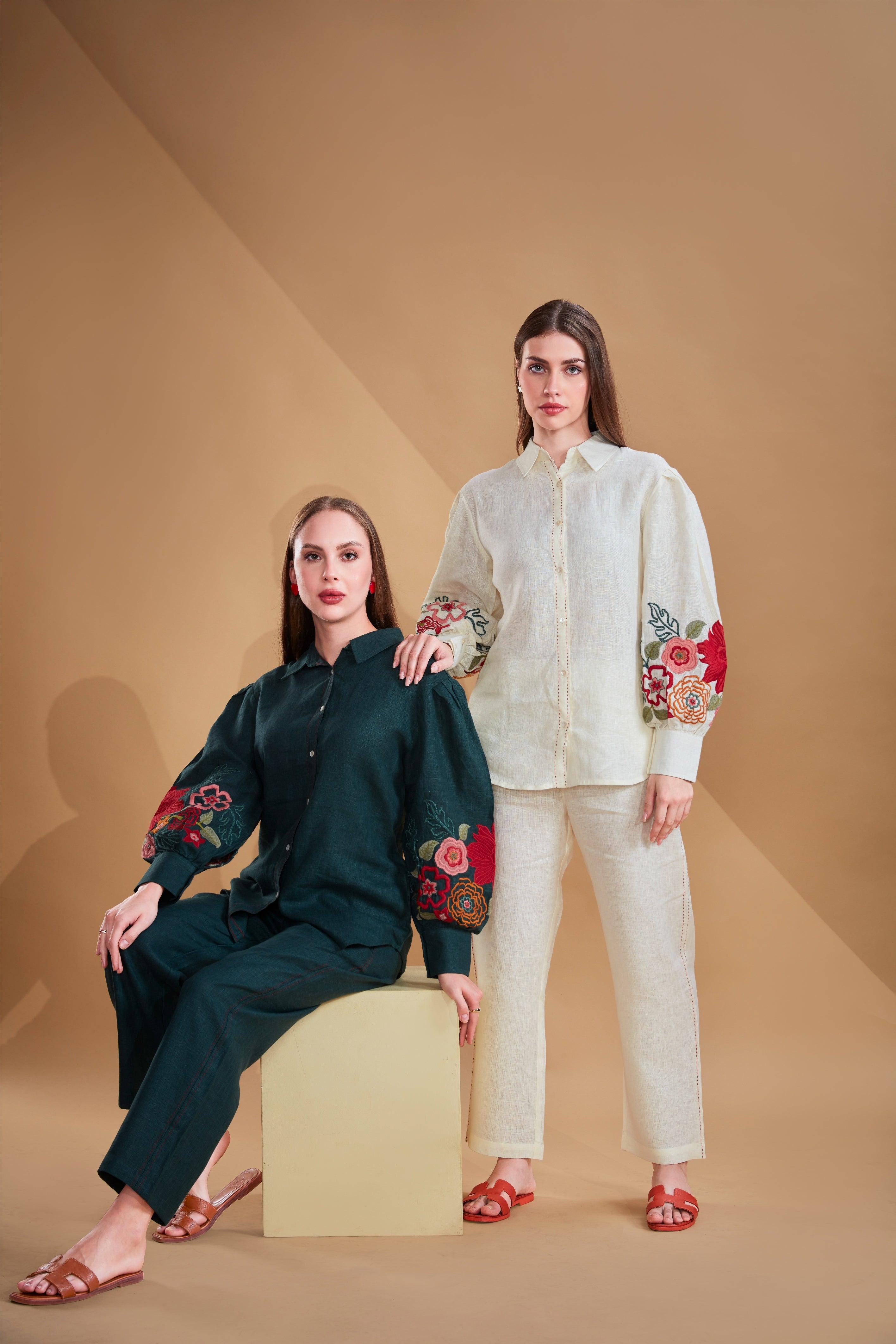 Bottle Green Linen Co-ord Set - Mokshaa