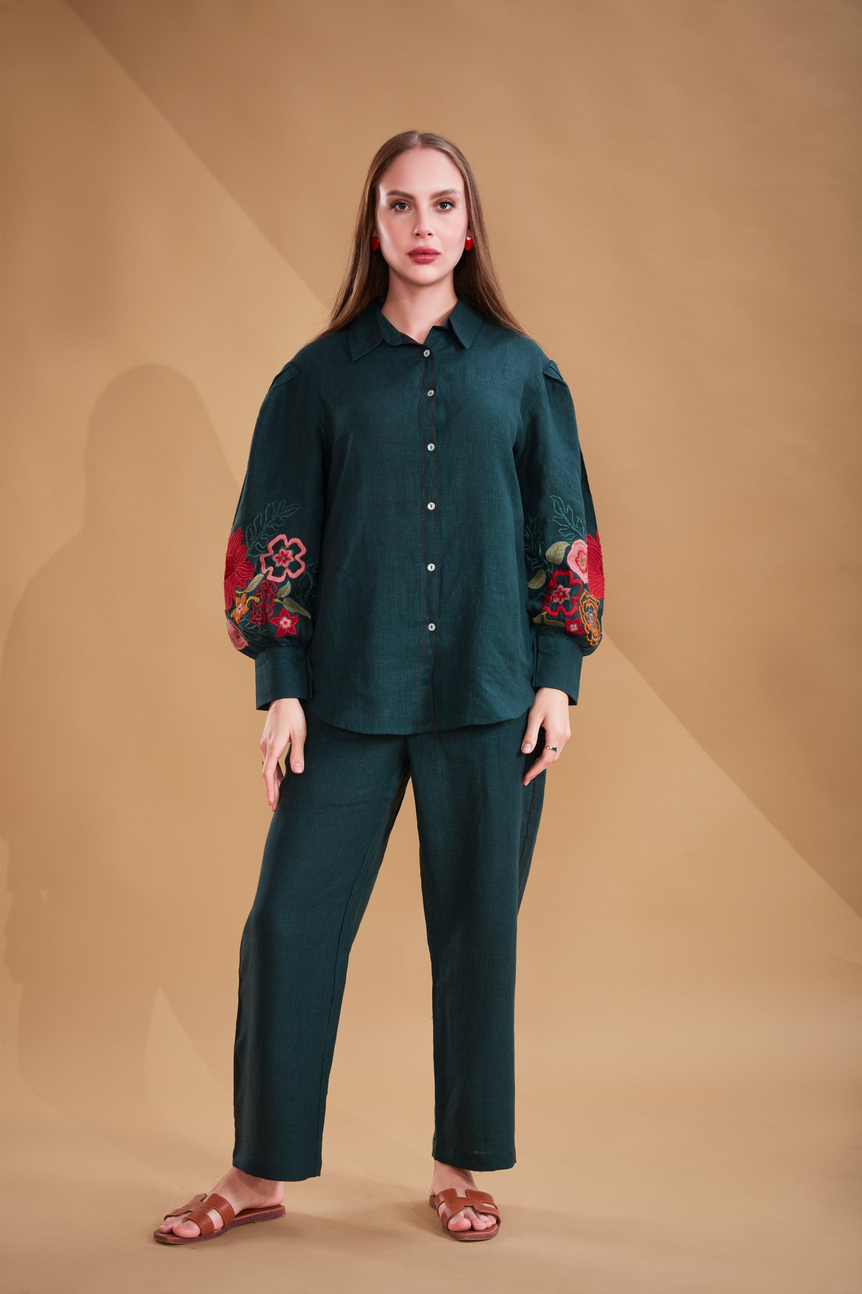 Bottle Green Linen Co-ord Set - Mokshaa