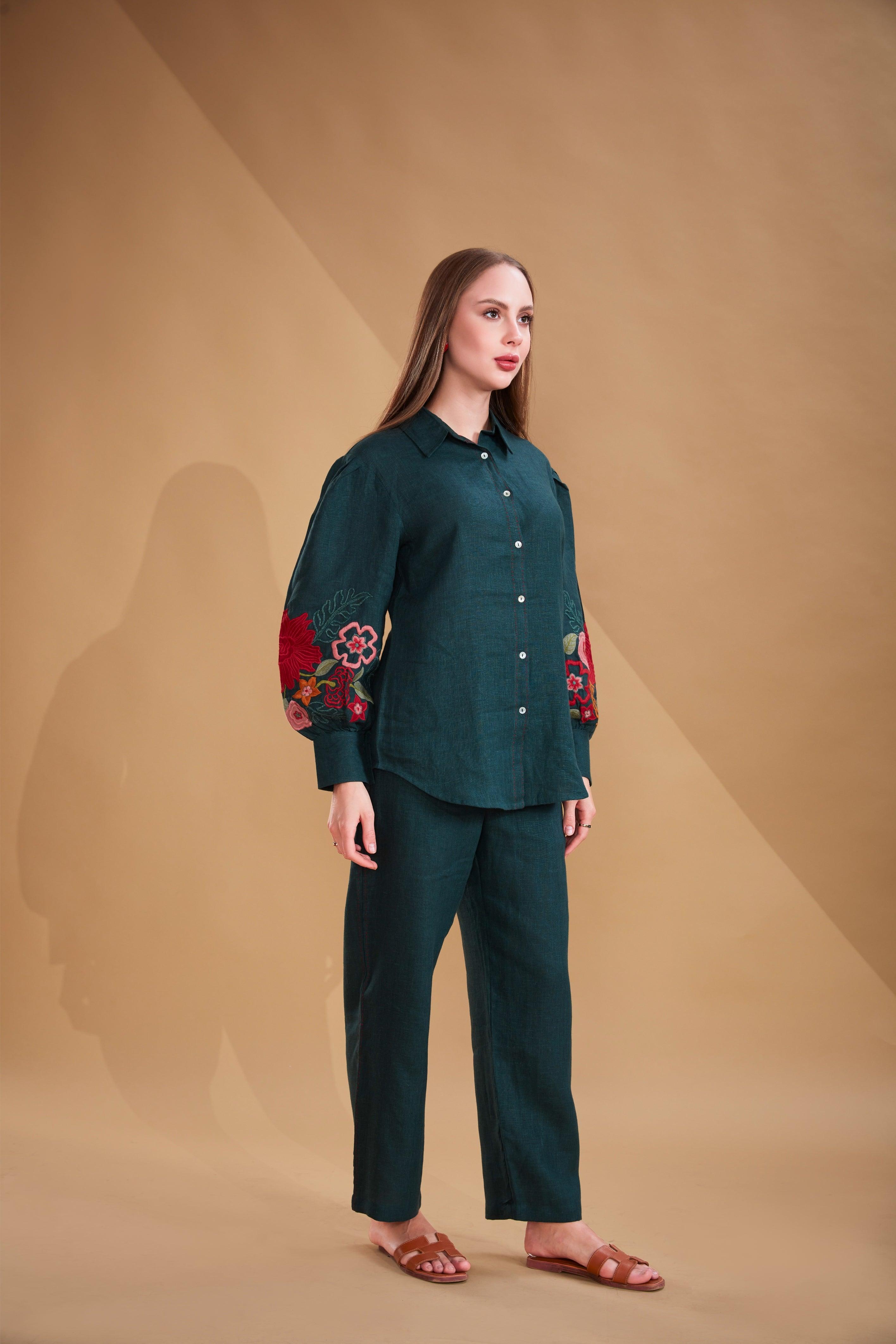 Bottle Green Linen Co-ord Set - Mokshaa
