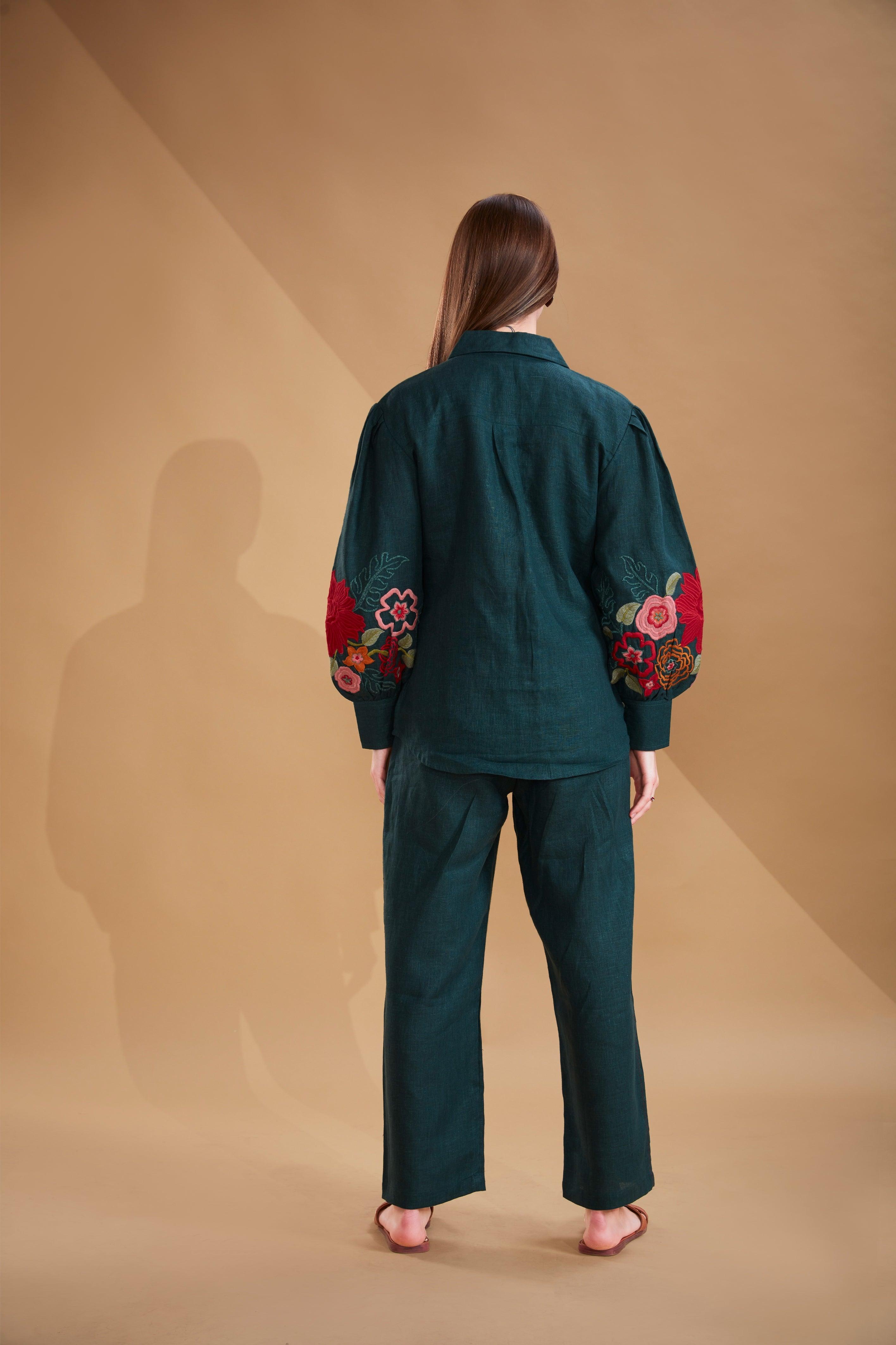 Bottle Green Linen Co-ord Set - Mokshaa