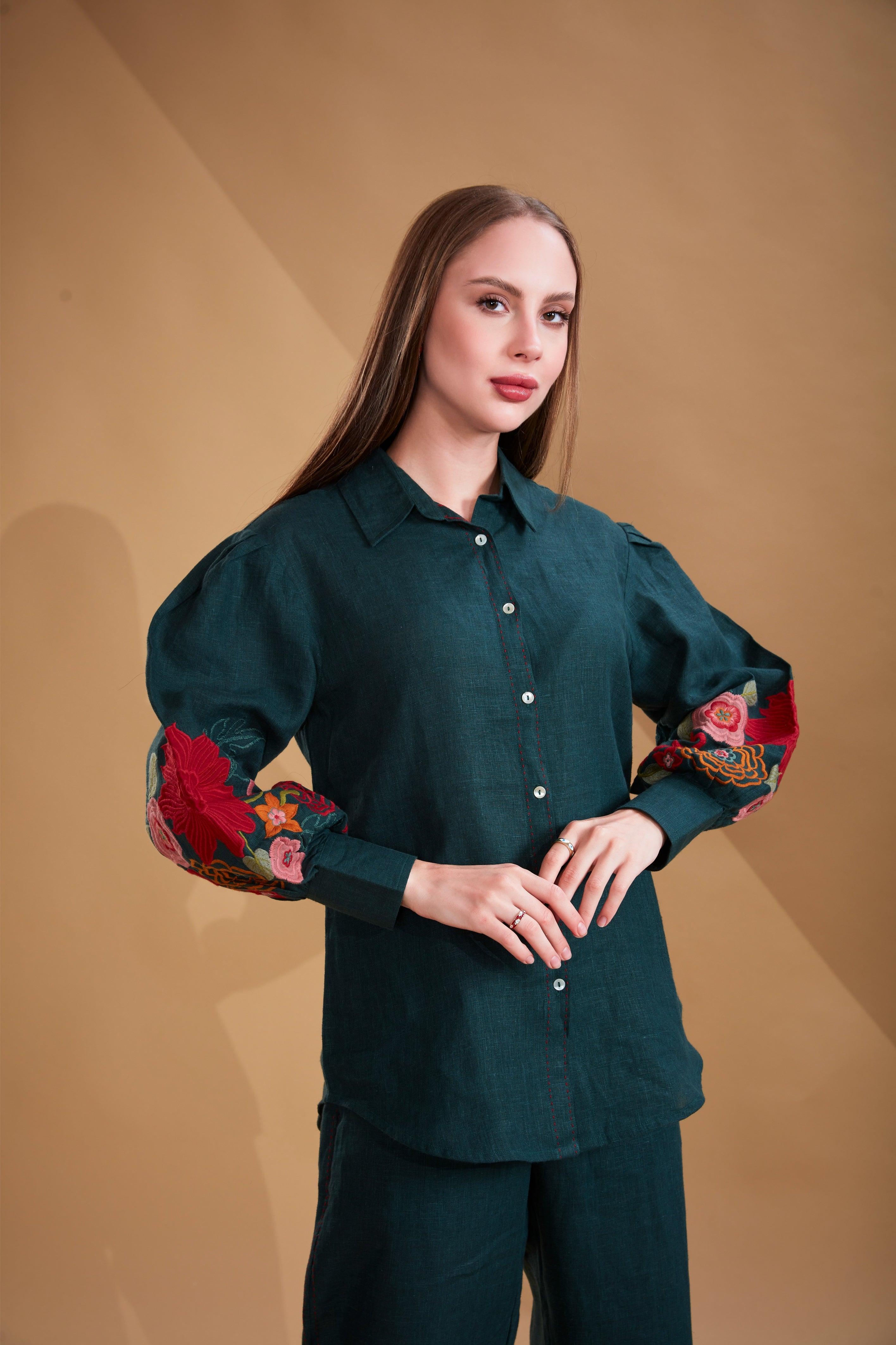 Bottle Green Linen Co-ord Set - Mokshaa