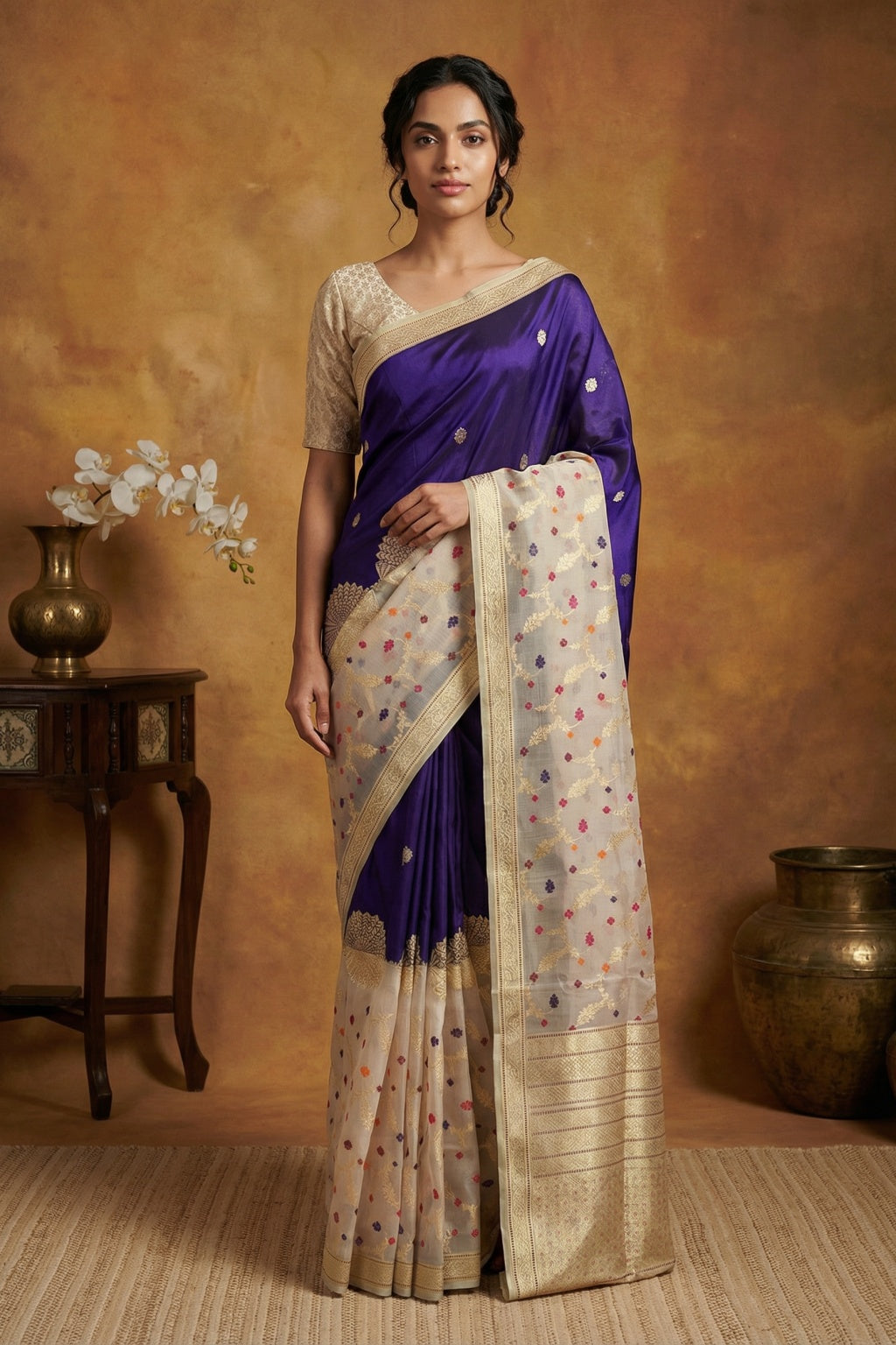 Ink Blue Banarasi Organza Saree with Meenakari Border - Mokshaa