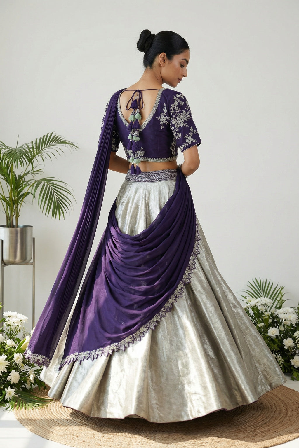 Silver & Purple Draped Banarasi Lehenga Set - Mokshaa