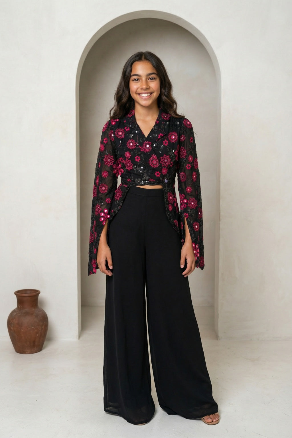 Black and Pink Embroidered Cape Top with Palazzo Set