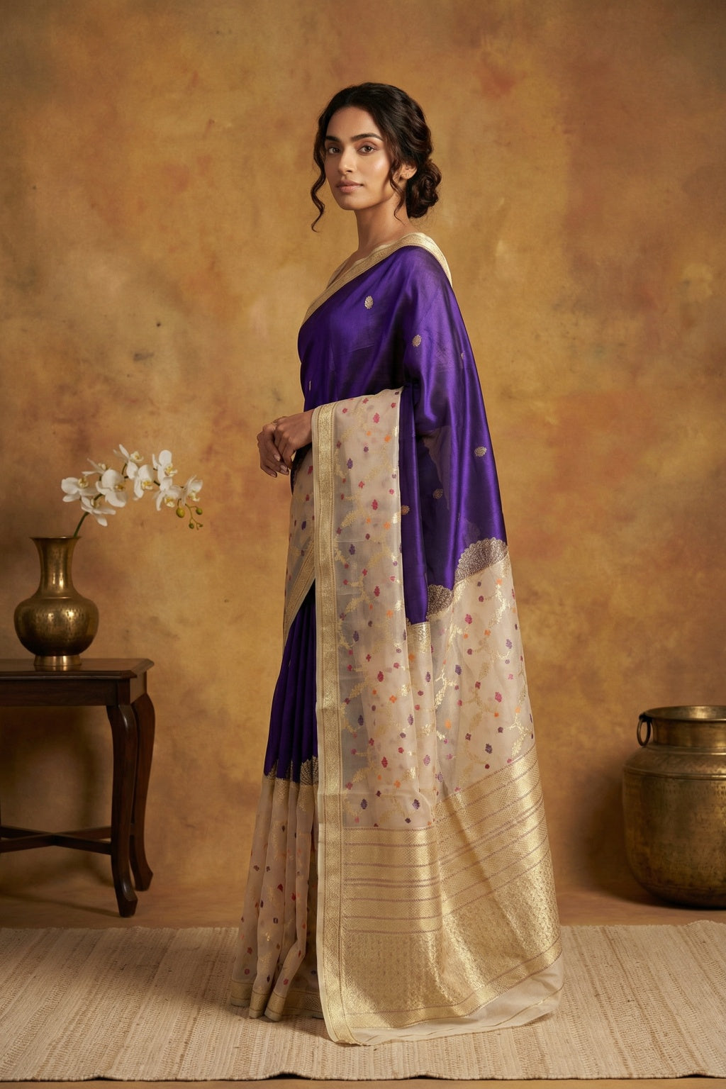 Ink Blue Banarasi Organza Saree with Meenakari Border - Mokshaa