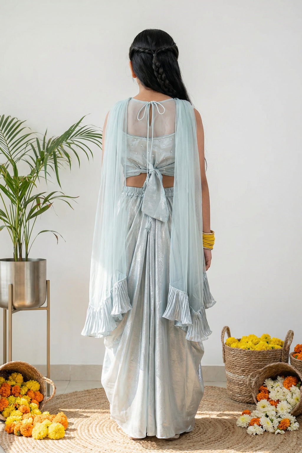 Frost Blue Embroidered Crop Top & Draped Lehenga Set for Girls - Mokshaa