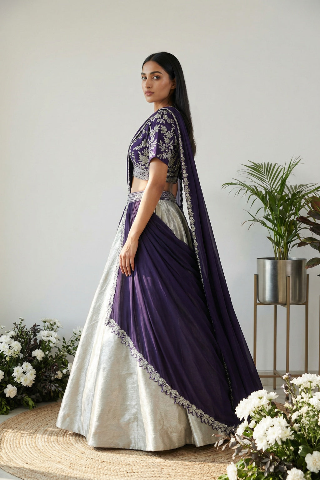 Silver & Purple Draped Banarasi Lehenga Set - Mokshaa