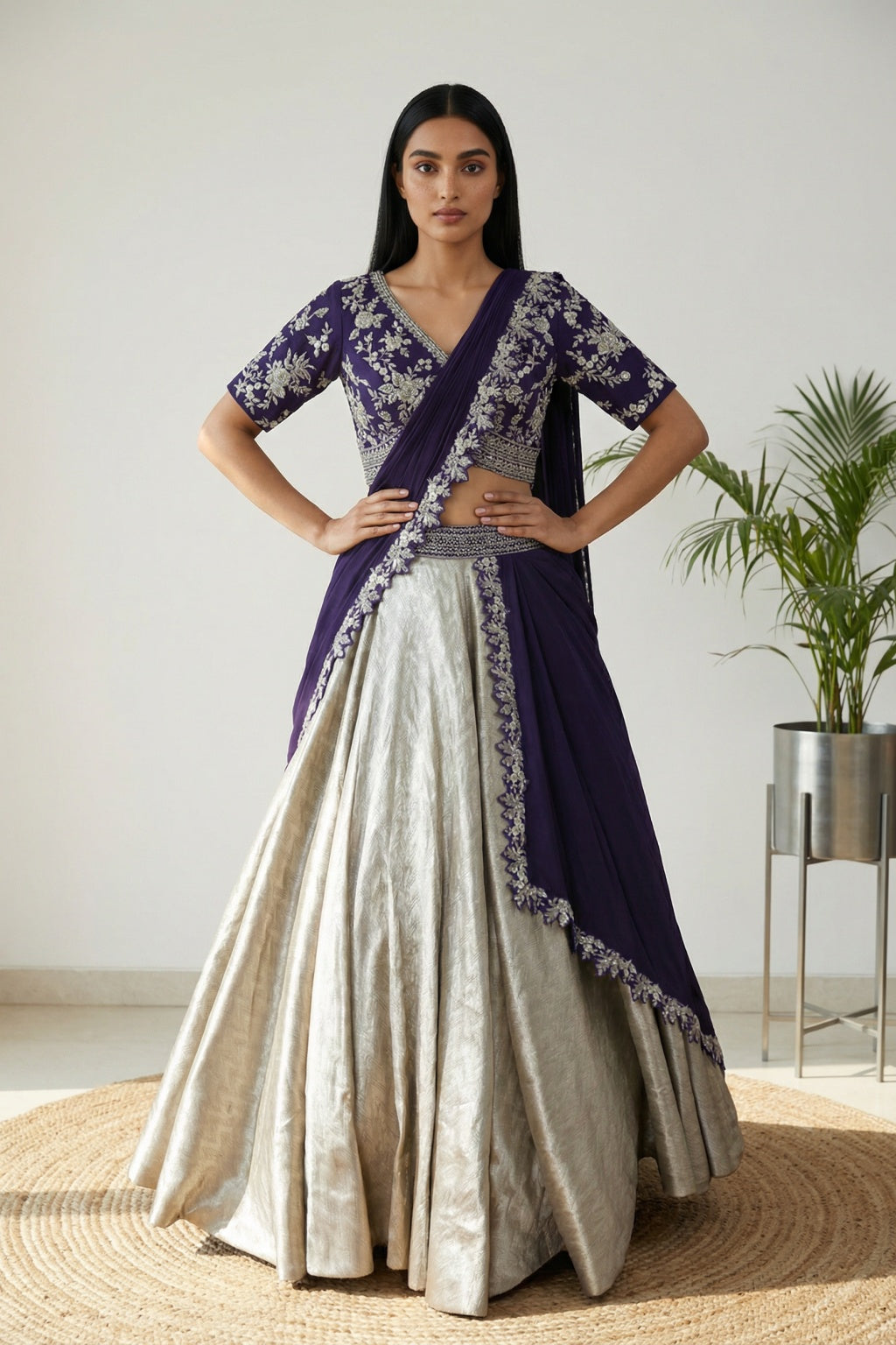 Silver & Purple Draped Banarasi Lehenga Set - Mokshaa