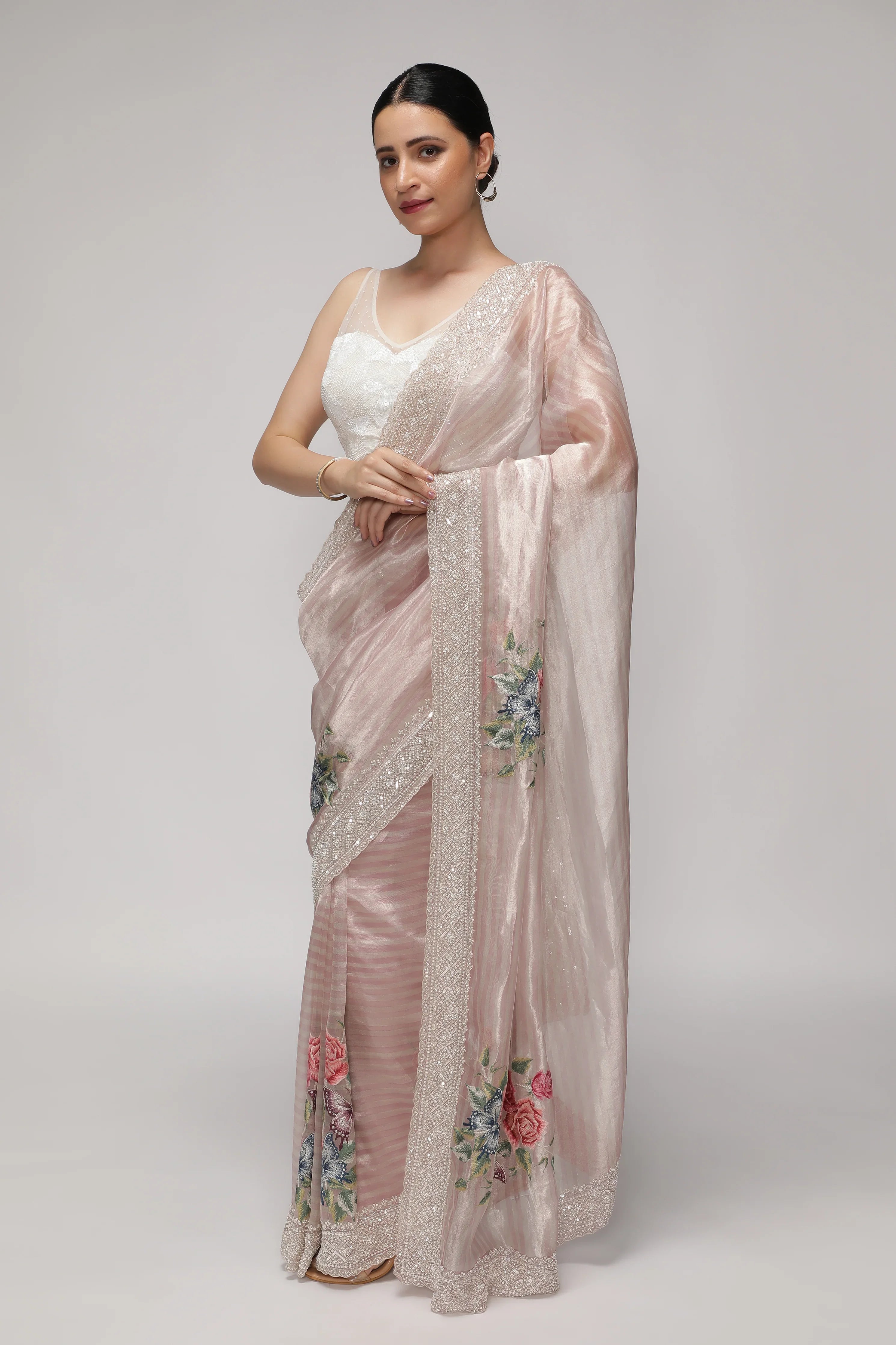 Shaded Peach Tissue Saree with Multithread Embroidery and Sequins Border - Mokshaa