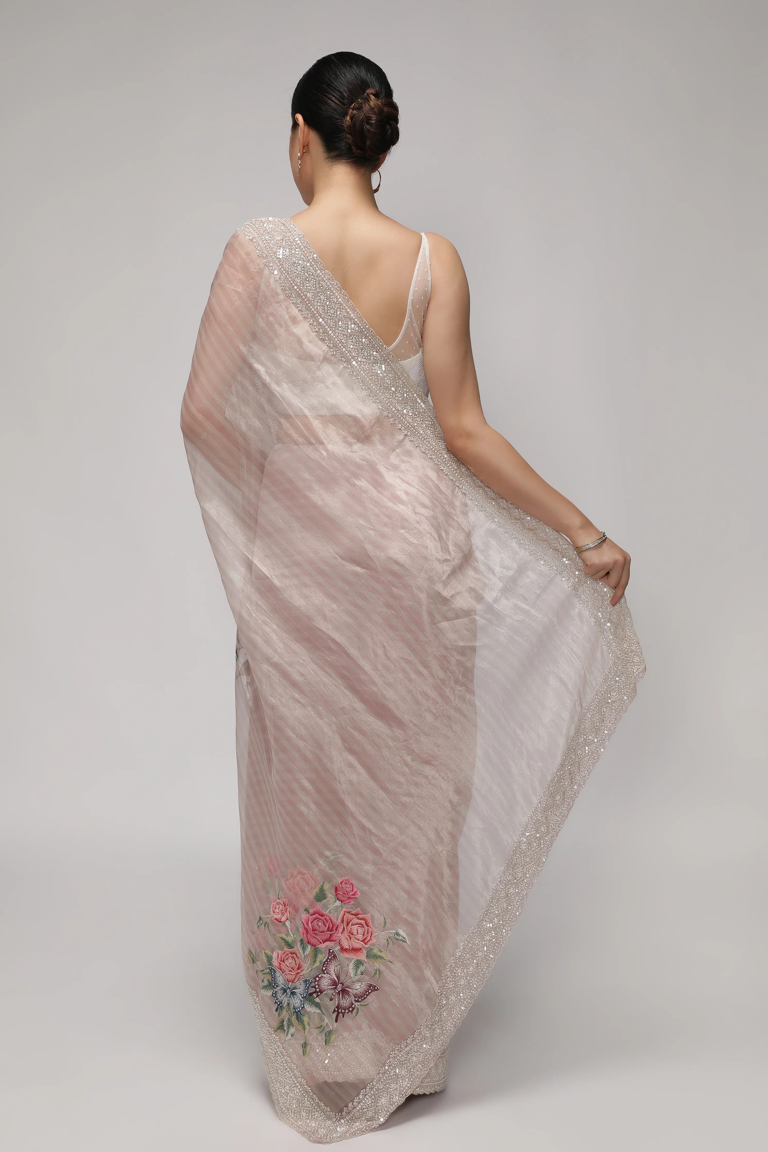 Shaded Peach Tissue Saree with Multithread Embroidery and Sequins Border - Mokshaa