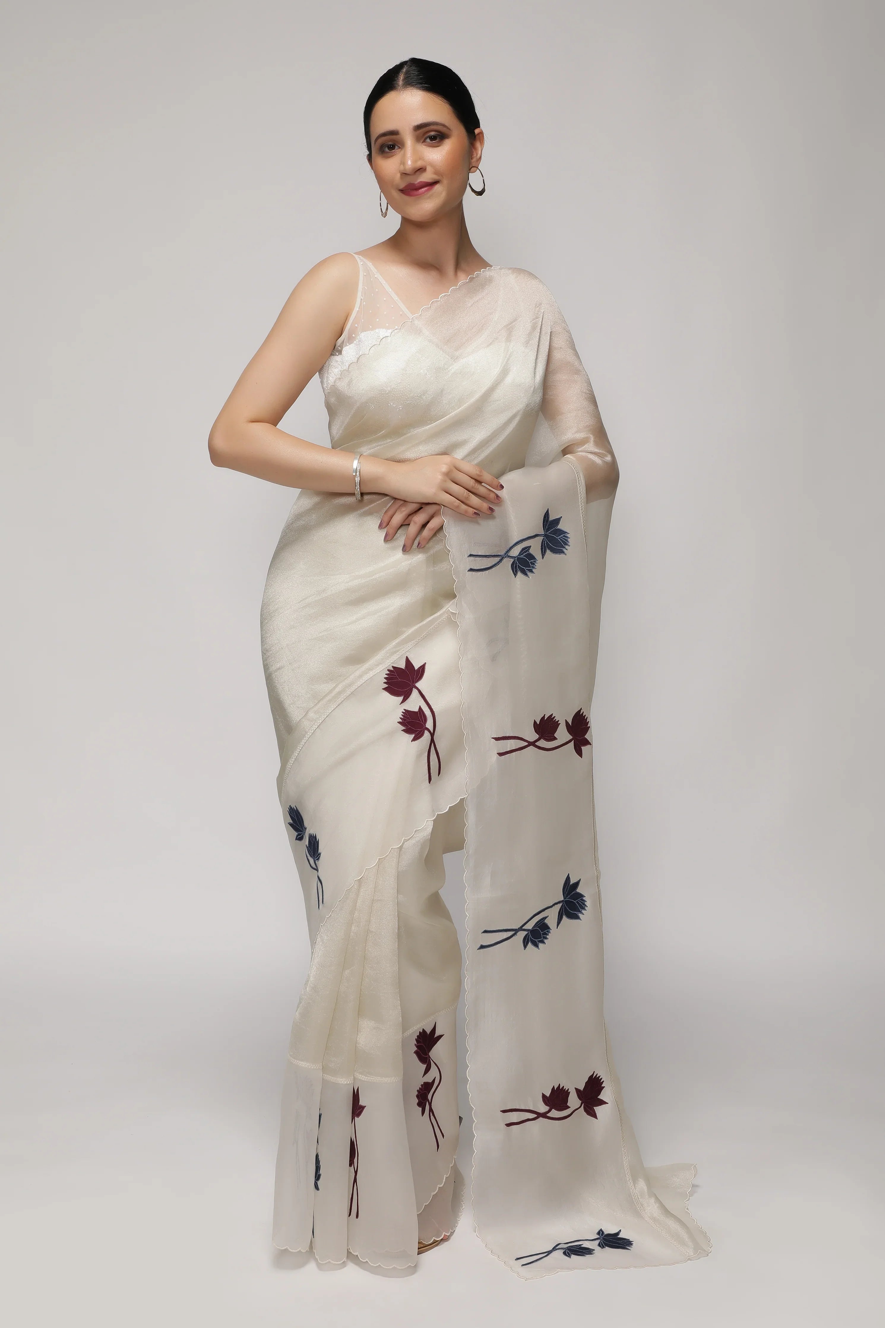 Silver White Tissue Saree with Multicolor Floral AppliquéKora Border - Mokshaa